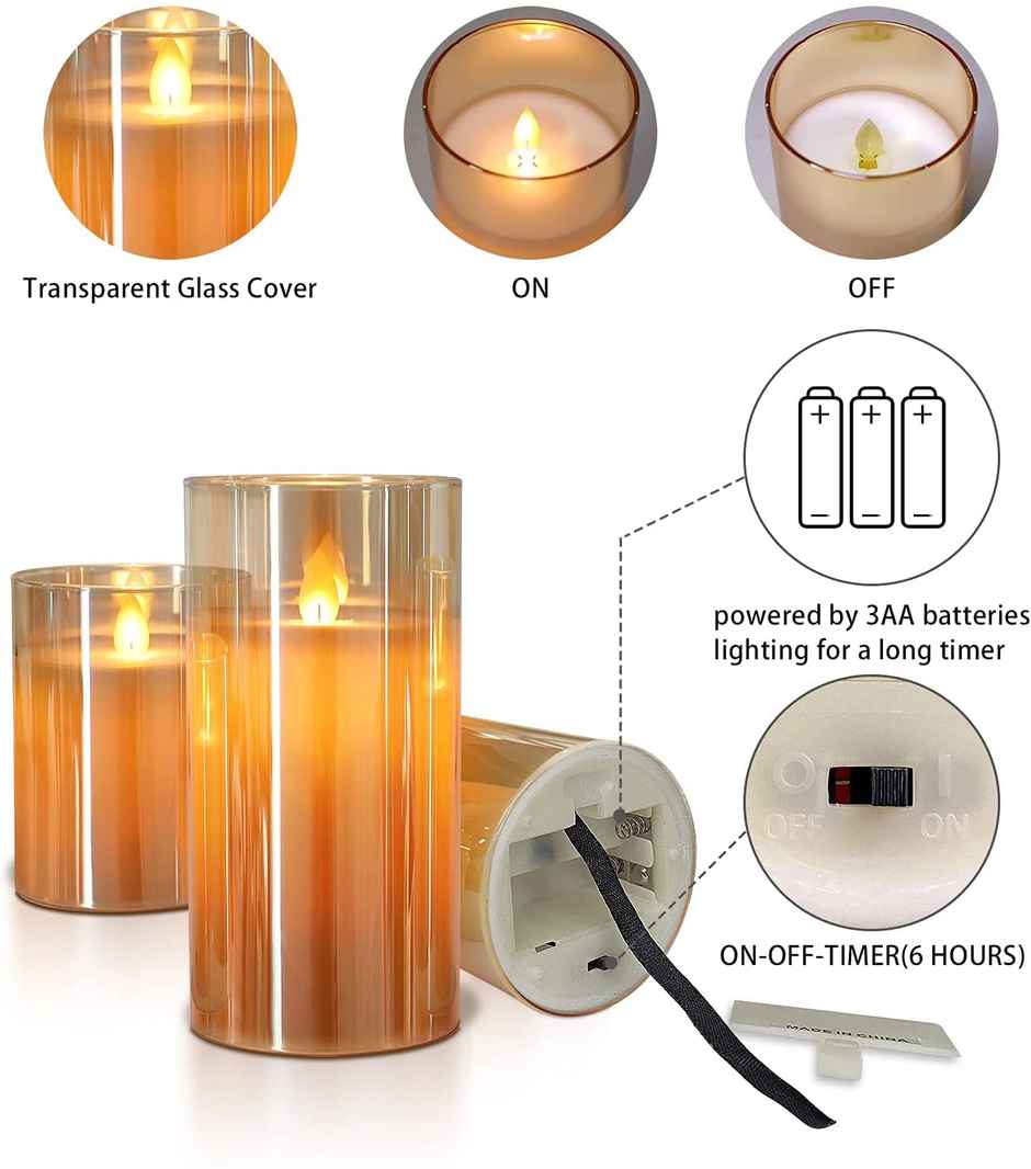 DesiDiya Flameless LED Candles Set of 3 Remote Control Acrylic Glass Candle Flickering Flame