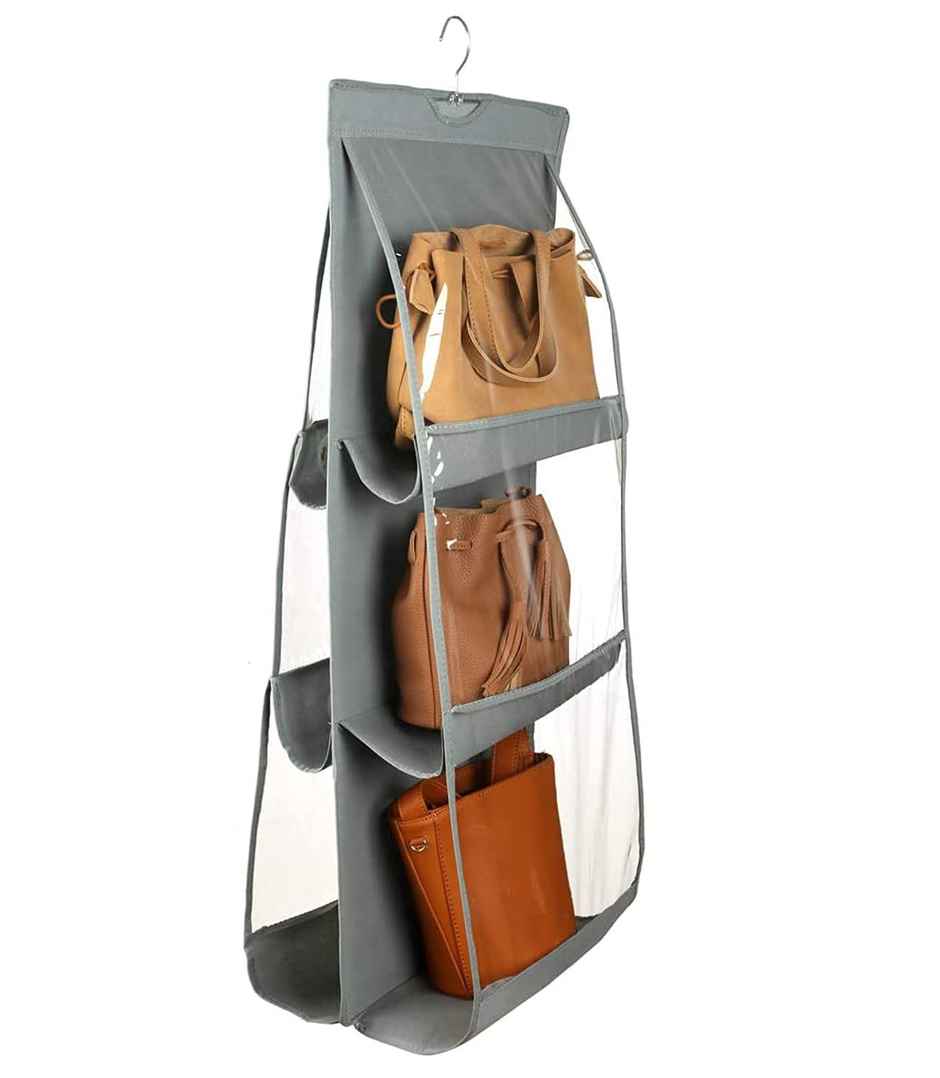 Kuber Industries Dustproof Hanging Handbag Organizer with 6 Compartments & Hanger (Grey | Cotton)
