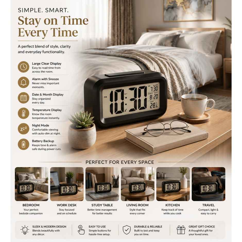 Perpetual Automatic Sensor, Time, Date & Temperature Clock | Black | 9 x 5 cm