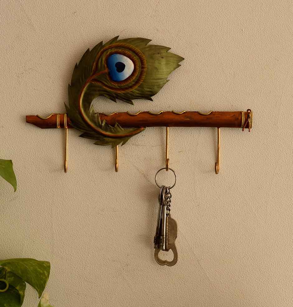 Ecraftindia Wrought Iron Flute With Peacock Feather Designer Key Holder With 4 Key Hooks For Wall
