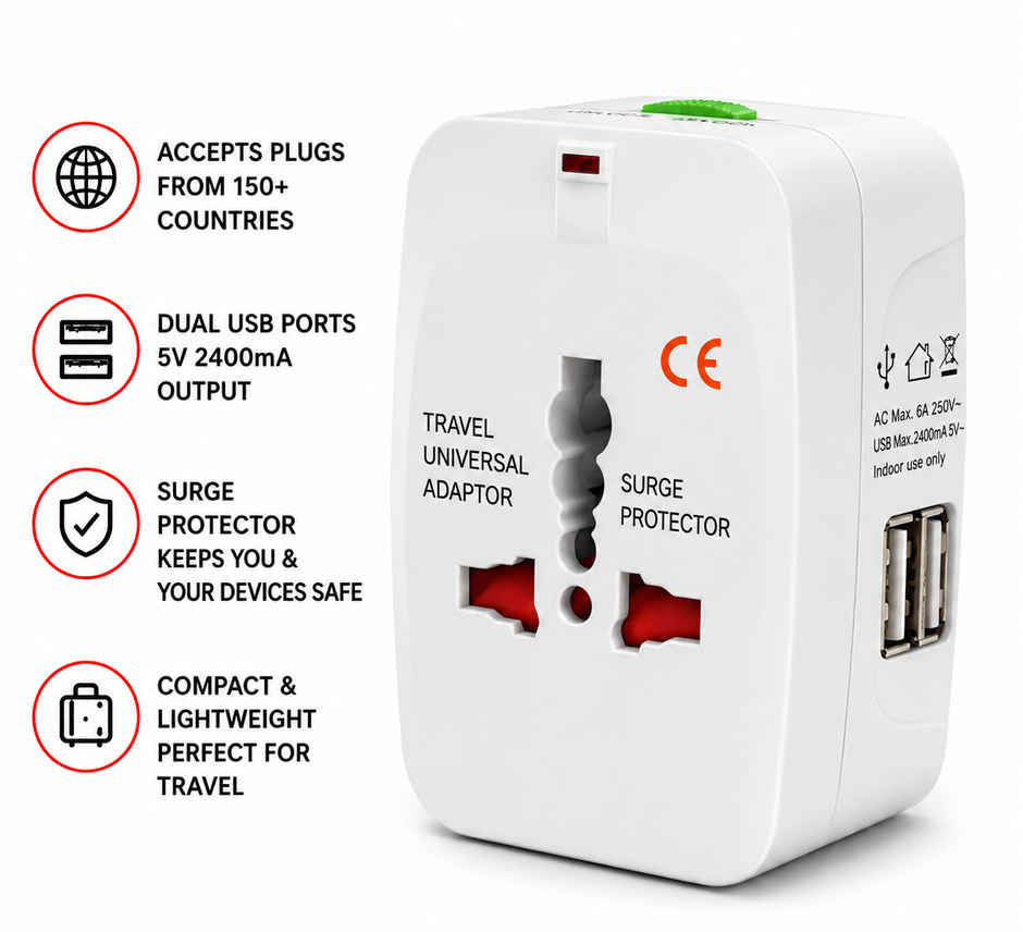 Universal All-In-One Worldwide International USB Travel Adapter - 2 USB Support - White