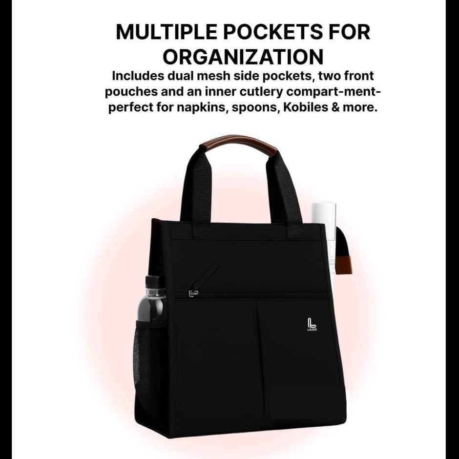 Lazer Insulated Lunch Bag | Waterproof Leakproof Cooler Tote with Pockets | Black