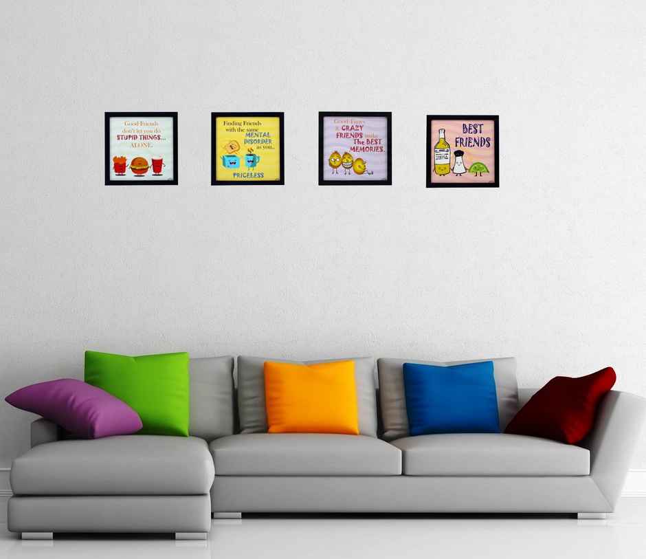 Indianara Set of 4 Framed Quirky Friends Quotes Framed Wall Hanging Laminated Paintings