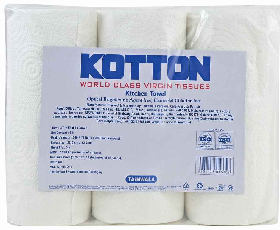 Kotton 3 Ply Kitchen Towel Paper Roll/100% VirginPulp/Paper - Pack Of 3 Rolls - 80 Pulls Per Roll