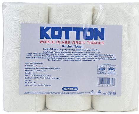 Kotton Kitchen Towel 3 Ply - 100% Virgin Pulp/Paper, 80 Pulls Per Roll
