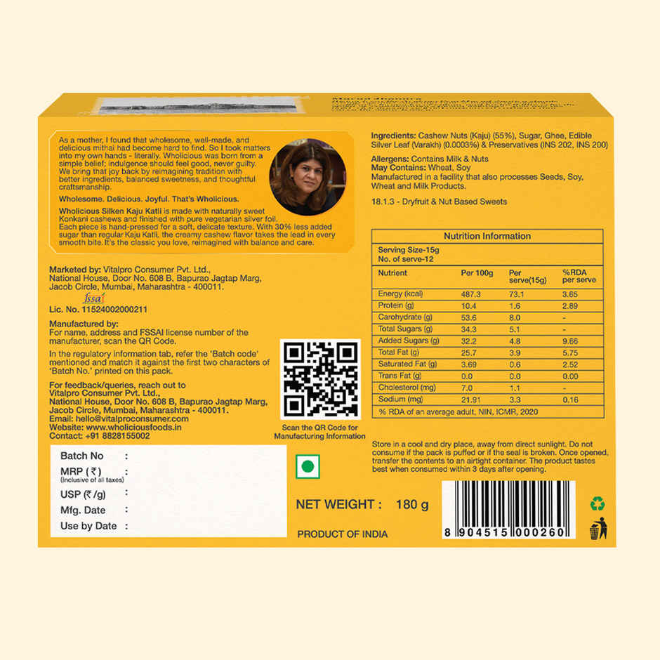 Wholicious Silken Kaju Katli | Low Sugar | Kaju Barfi | Made with Konkani Cashews | Veg Silver Foil