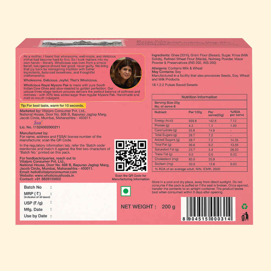 Wholicious Royal Mysore Pak | Pure Cow Ghee | Low Sugar | Sweet & Delicious | Healthy Mithai