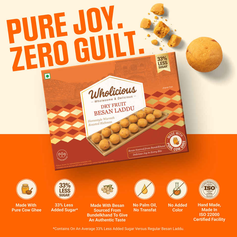Wholicious Dry Fruit Besan Laddu | Pure Cow Ghee | Low Sugar | Besan Sourced from Bundelkhand