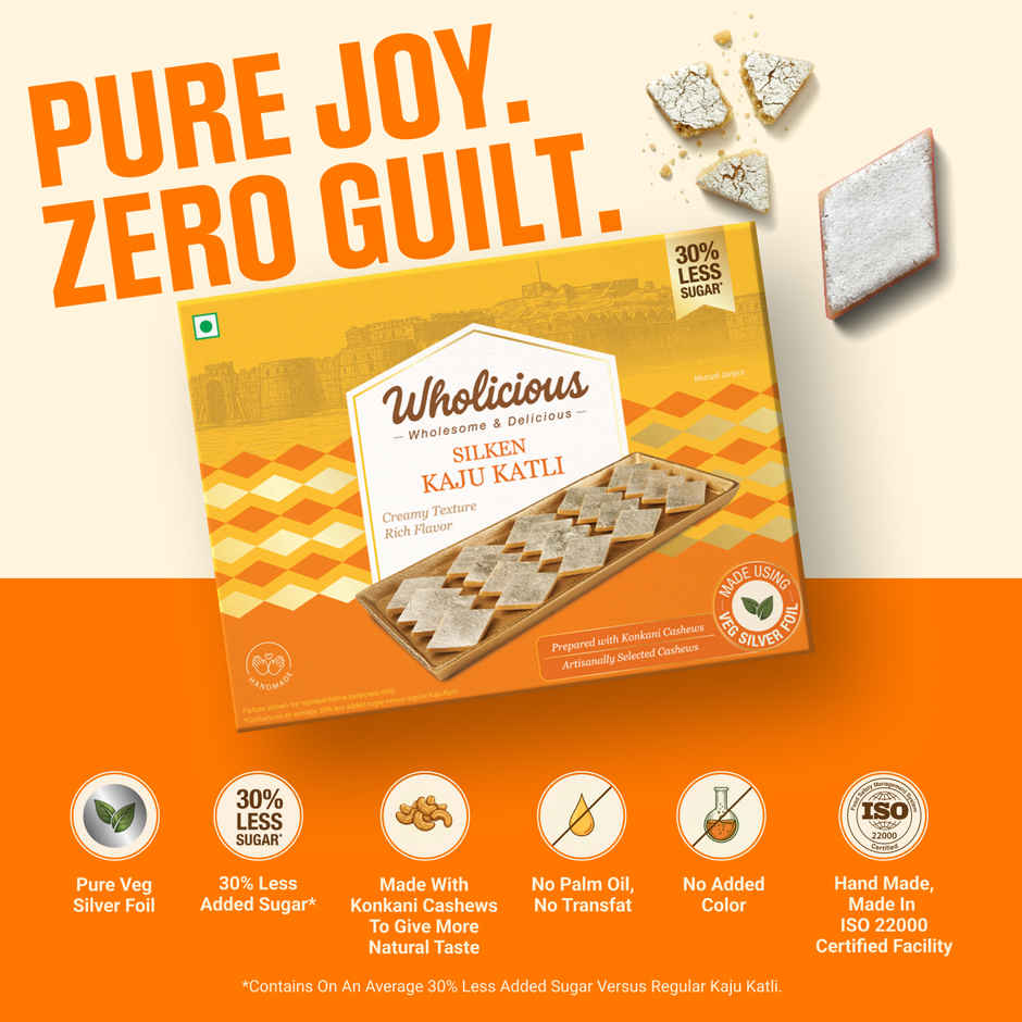 Wholicious Silken Kaju Katli | Low Sugar | Kaju Barfi | Made with Konkani Cashews | Veg Silver Foil