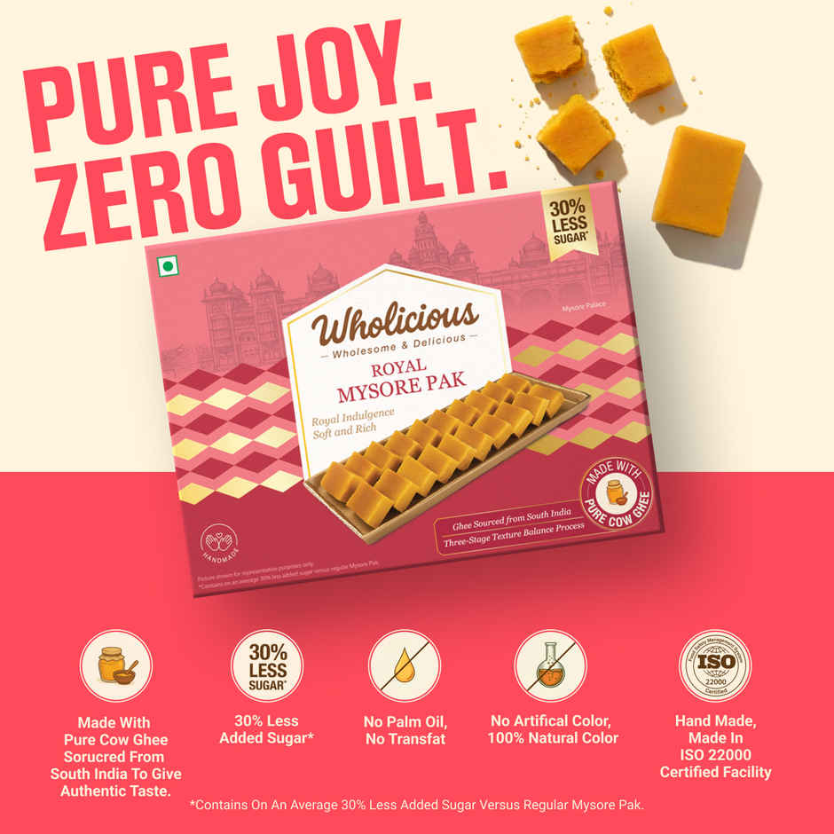 Wholicious Royal Mysore Pak | Pure Cow Ghee | Low Sugar | Sweet & Delicious | Healthy Mithai