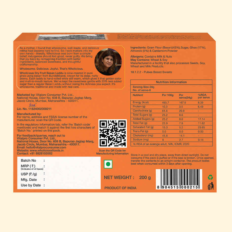 Wholicious Dry Fruit Besan Laddu | Pure Cow Ghee | Low Sugar | Besan Sourced from Bundelkhand