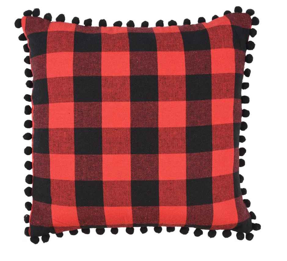 Lushomes Cushion Covers - Red-Black Checks | Cotton | 16 x 16 inch | With Pom Pom