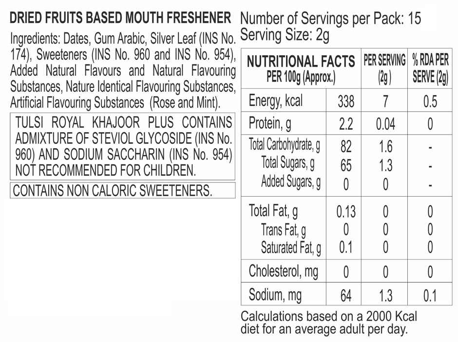 Tulsi Royal Khajoor Plus Flip Top Can Silver Coated Khajoor Dates, Mint Mouthfreshner