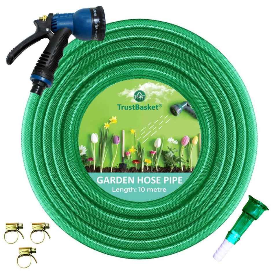 TrustBasket Heavy Duty PVC Plain Green Braided Hose Pipe with Spary Gun -10 Meter