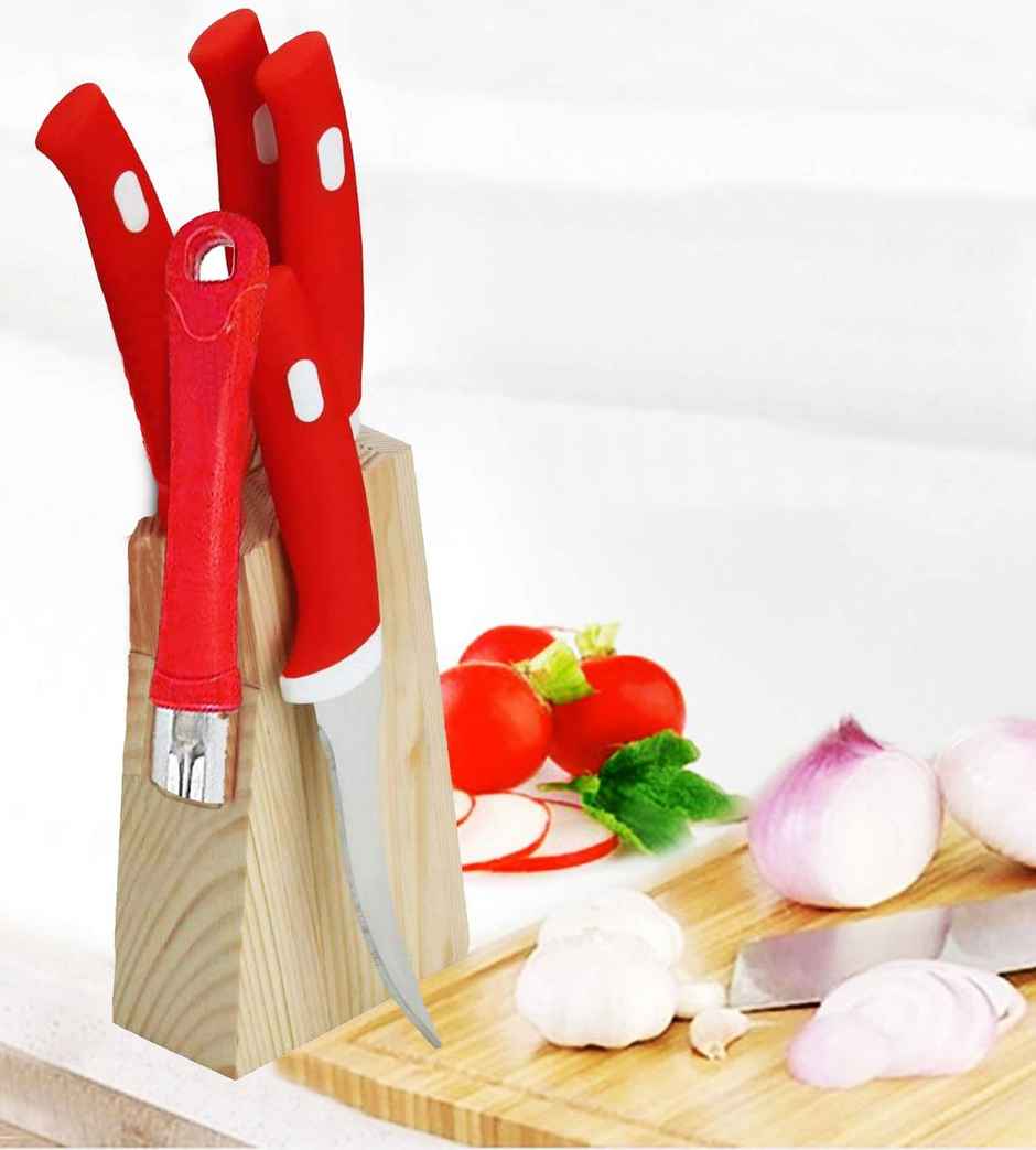 Kuber Industries 6 Pieces Wooden Stand High-Carbon Stainless Steel Kitchen Knife Set