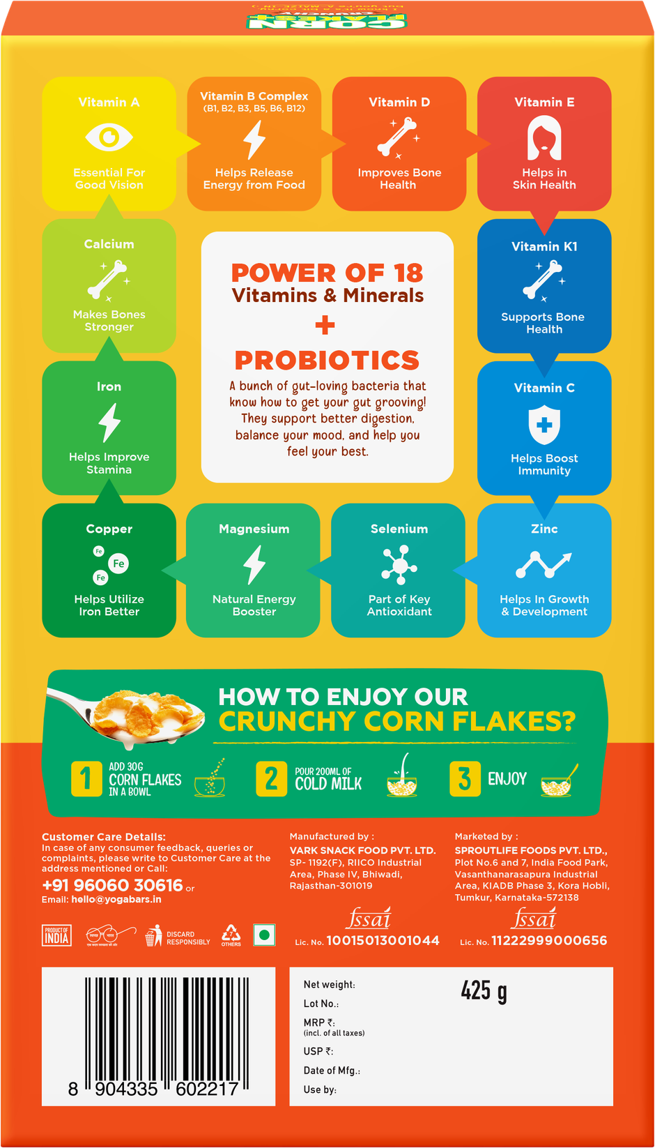 Yogabar Cornflakes Original,Crunchy, with Probiotics,425g High Fibre,Breakfast Cereal