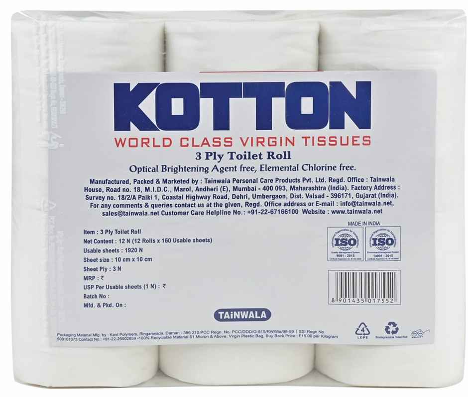 Kotton Toilet Roll - 3 Ply -100% Virgin Pulp/Paper, Pack of 12 160 sheets