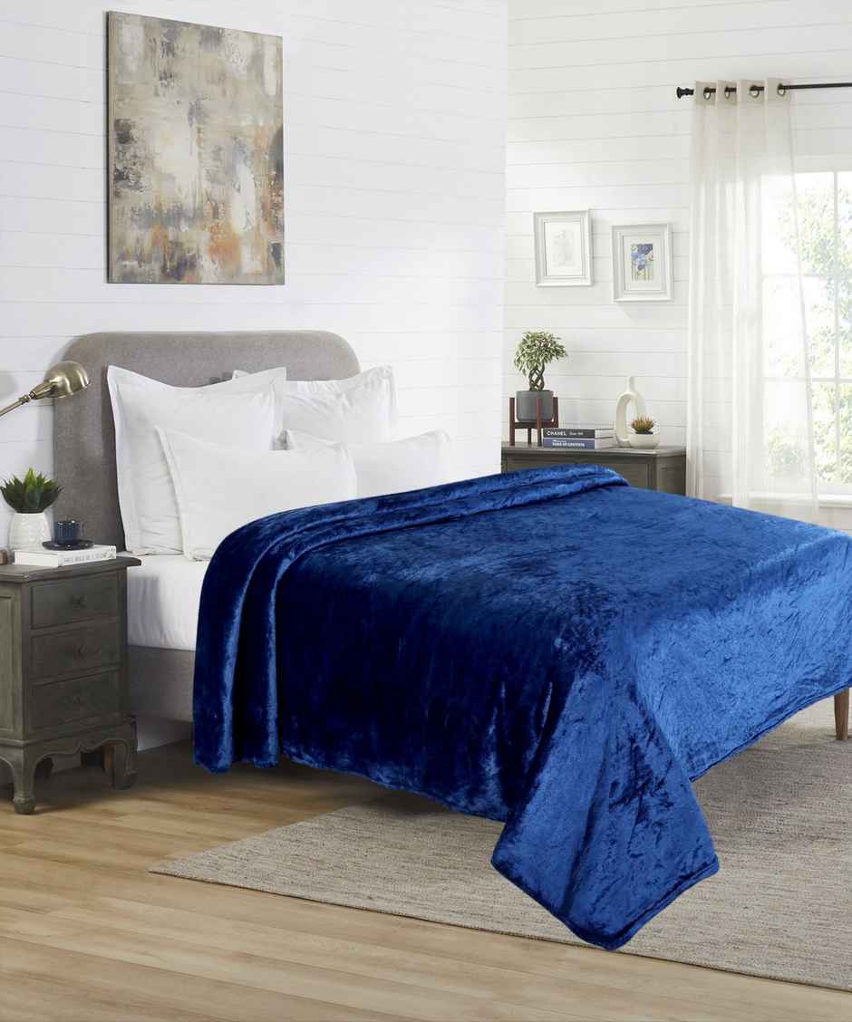 Dream Living Flannel 180 GSM Flannel Double Bed Blanket | Blue - 190 x 220