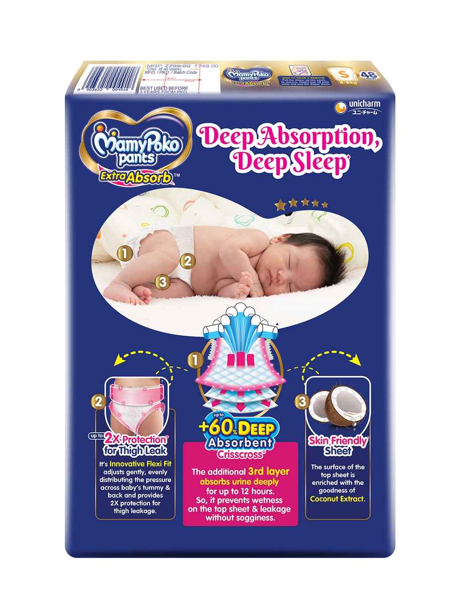 Mamypoko Extra Absorb Baby Diapers | Pant Style | S | 48 pcs