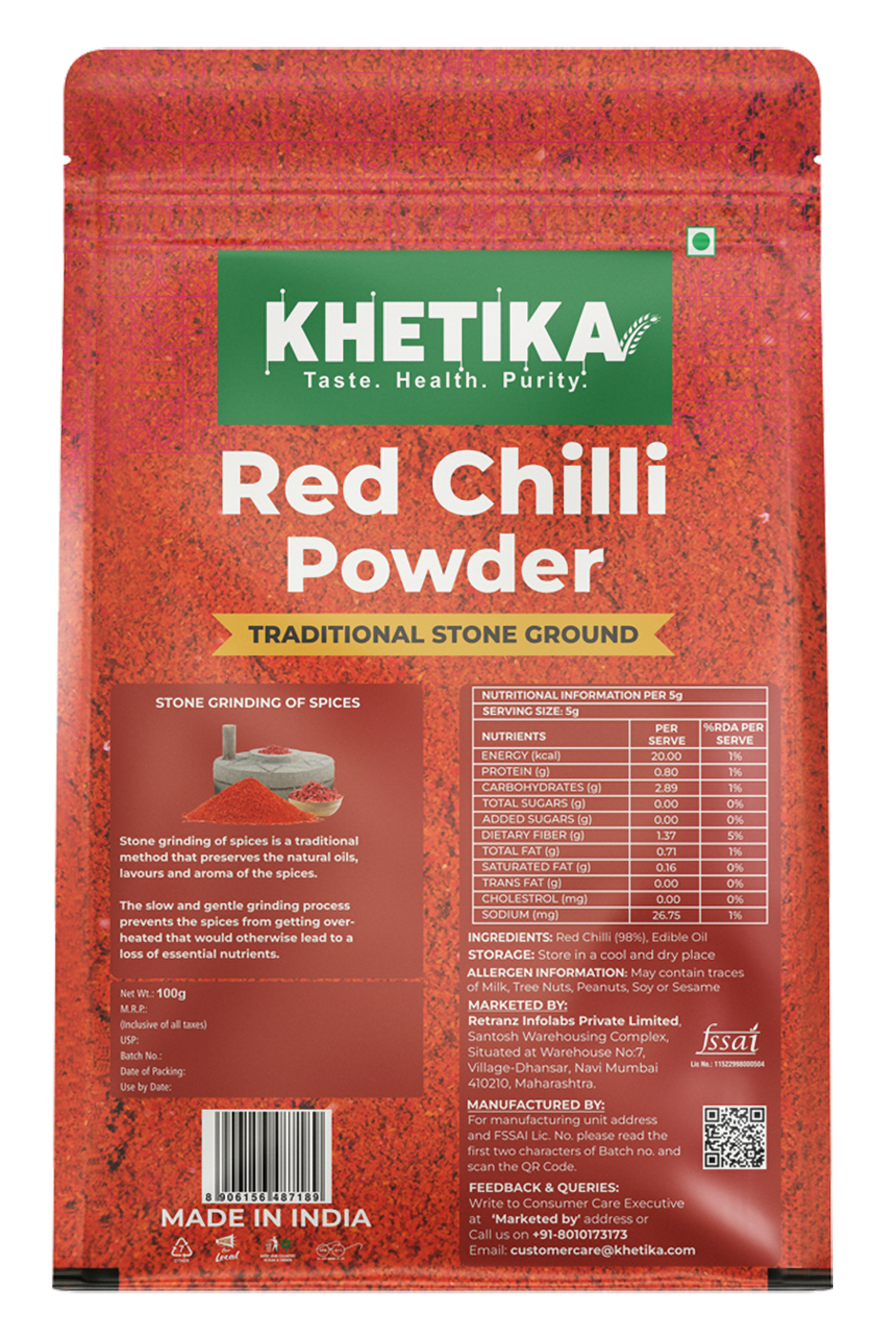Khetika Red Chilli Powder | Guntur Chilli | Stone Ground | Toxin Free | No Added Preservatives