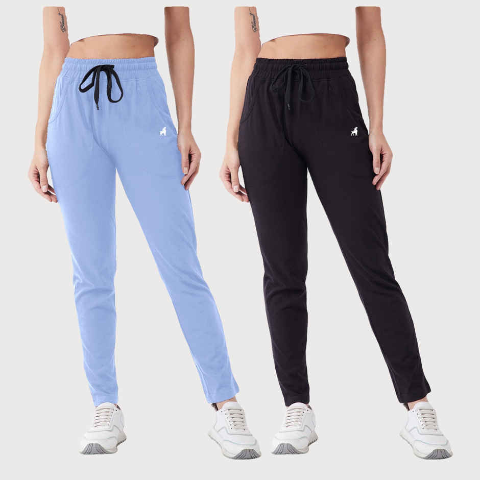 Modeve Women's Cotton Blend Solid Track Pant for Summer | Sky and Black | 2XL