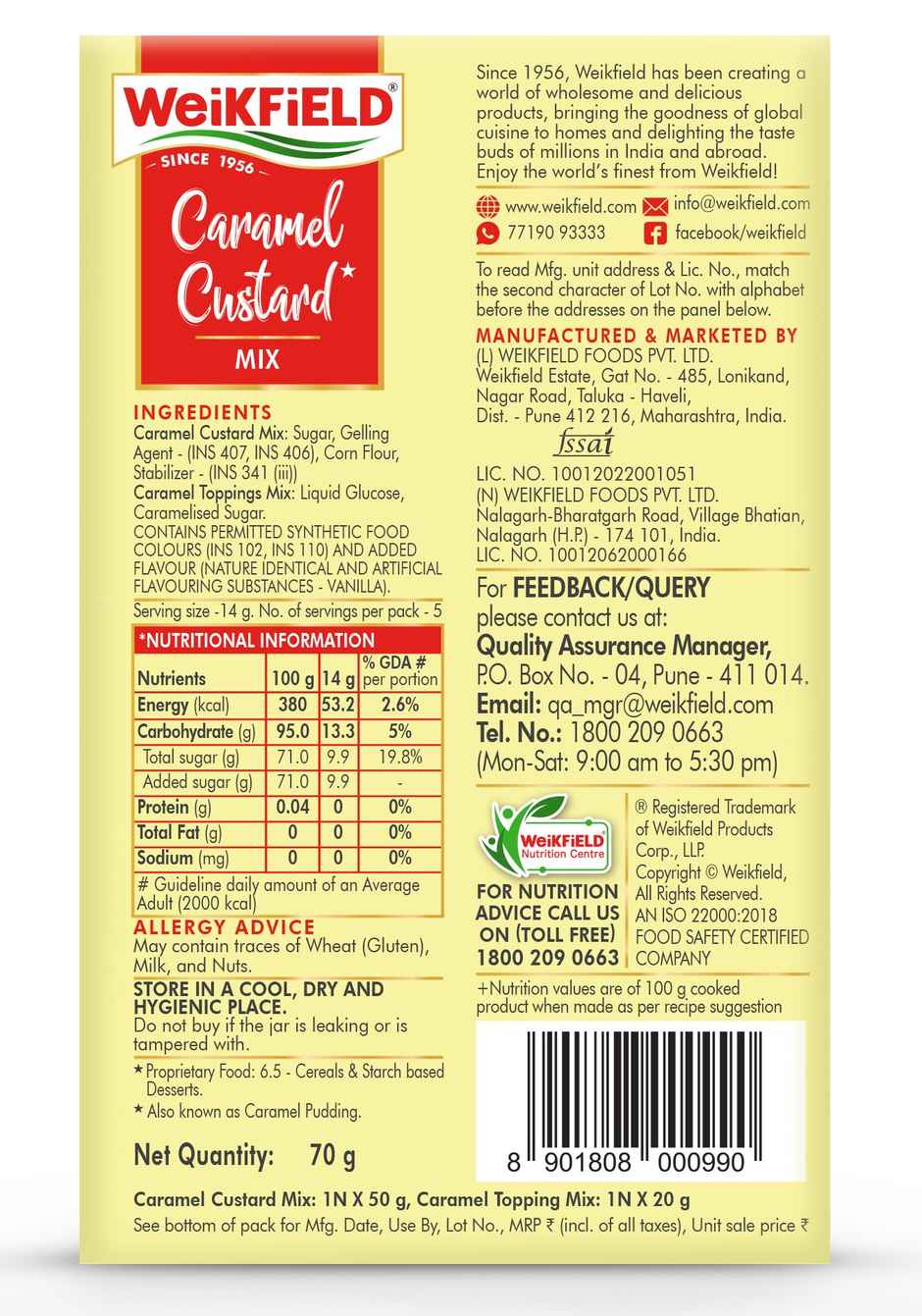Weikfield Caramel Custard Mix Flavour Carton