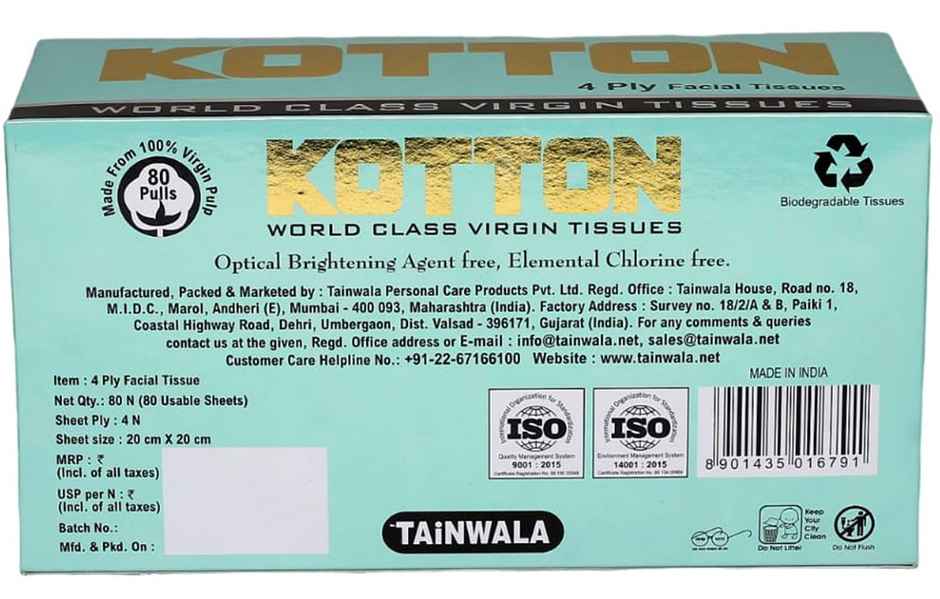 Kotton Facial Tissues Box - 4 Ply -100% Virgin Pulp/Paper, 20 cm * 20 cm 80 pulls Box