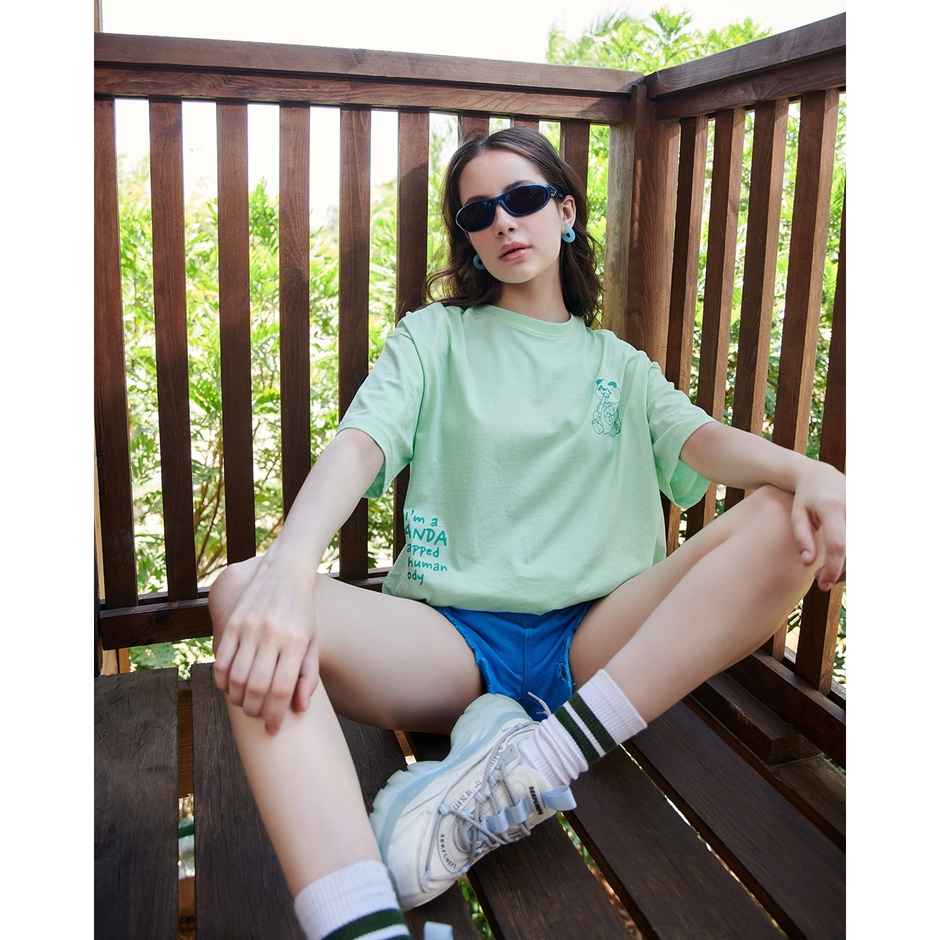 Bewakoof Women's The Panda Way Graphic Printed Oversized T-shirt | Green - L