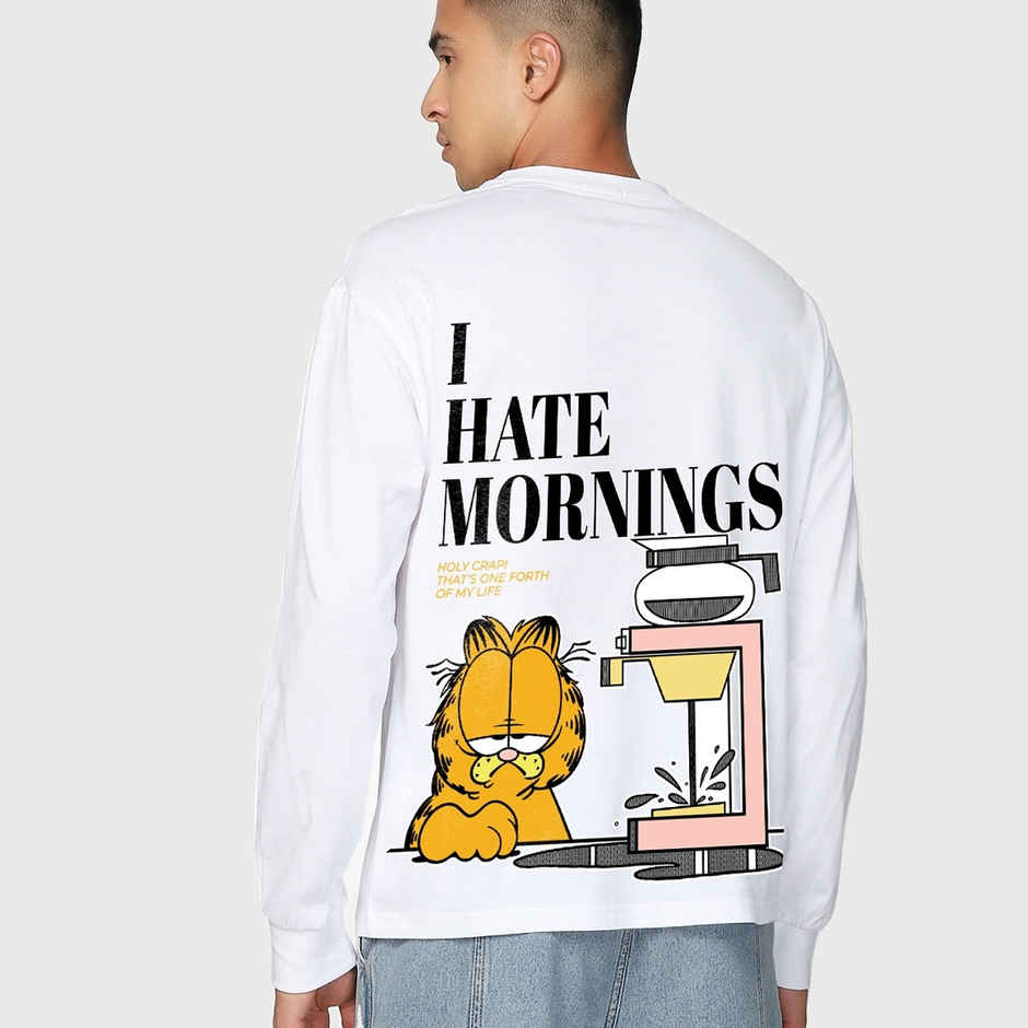 Bewakoof Men's Garfield Hates Mornings Graphic Printed Oversized T-shirt | White - XL