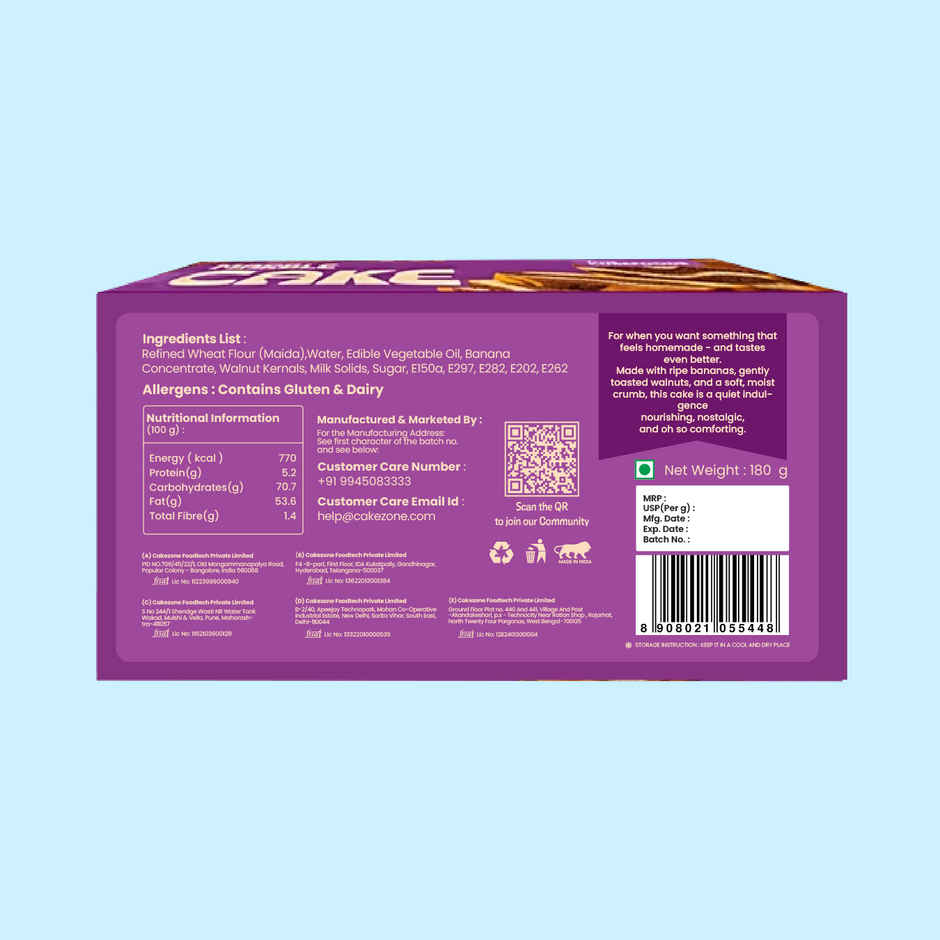 Cakezone Banana Walnut Cake (180g) & Cakezone Choco Fudge Brownie (40g) Combo