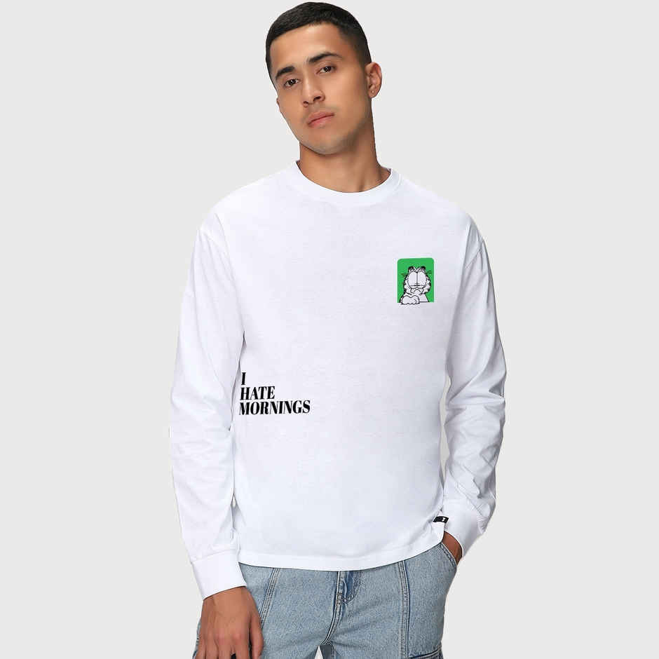 Bewakoof Men's Garfield Hates Mornings Graphic Printed Oversized T-shirt | White - XL