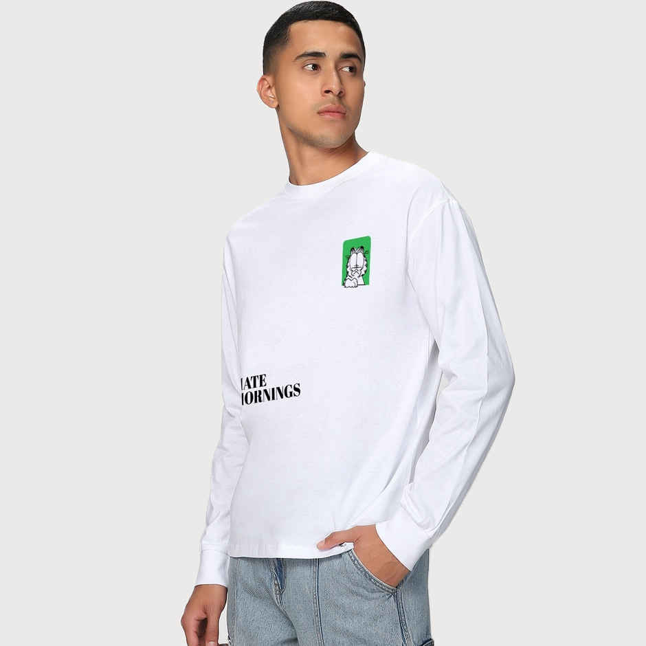 Bewakoof Men's Garfield Hates Mornings Graphic Printed Oversized T-shirt | White - XL
