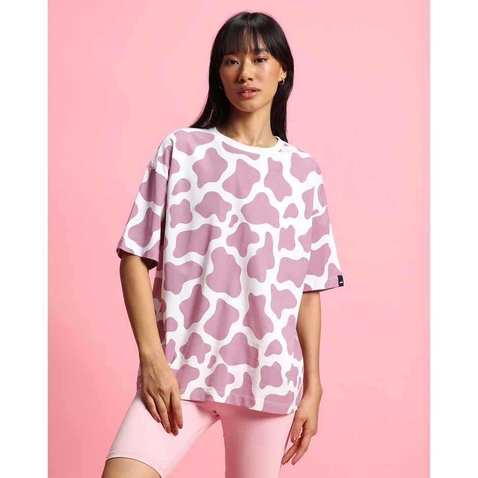 Bewakoof Women's Camo Printed Oversized T-shirt | White & Purple - S