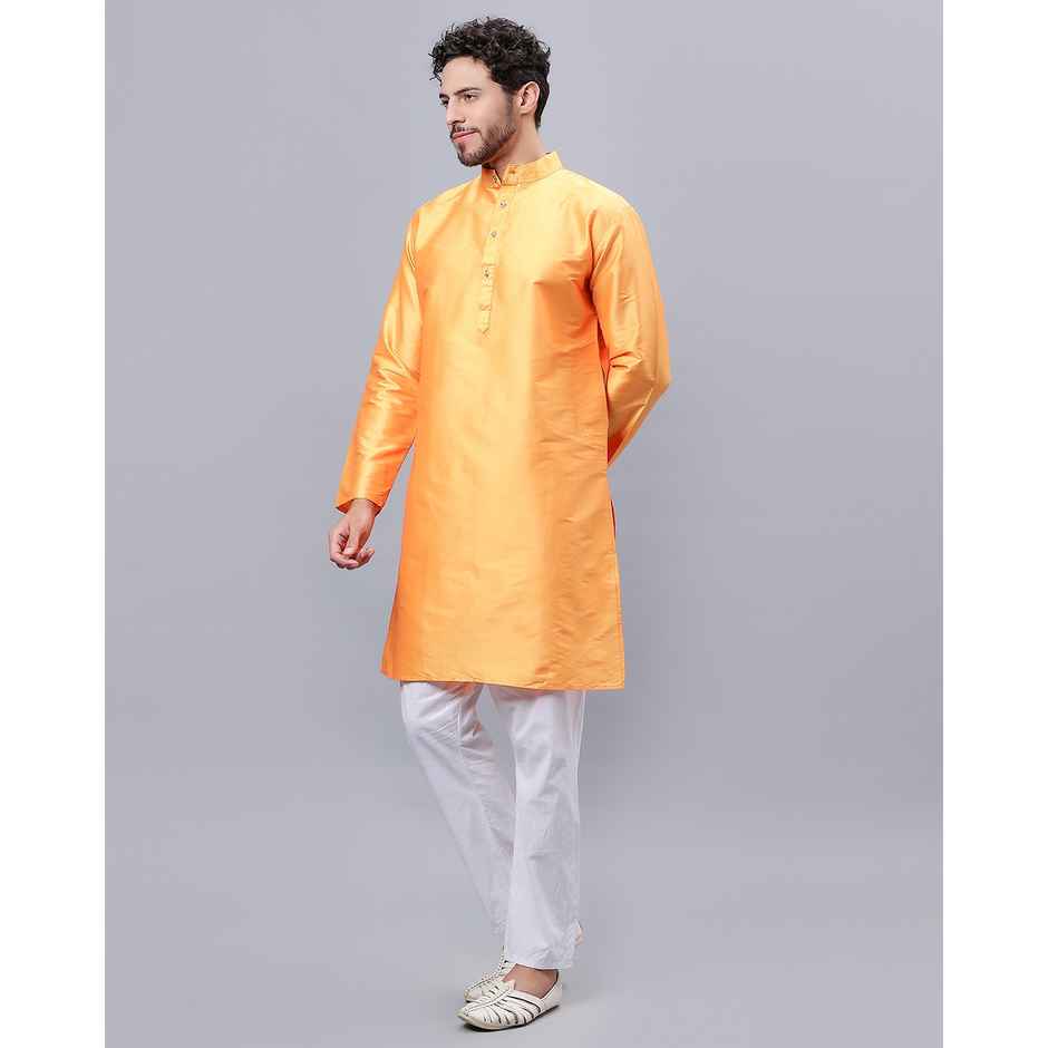 Mad Over Print Yellow Blended Silk Kurta Men - S