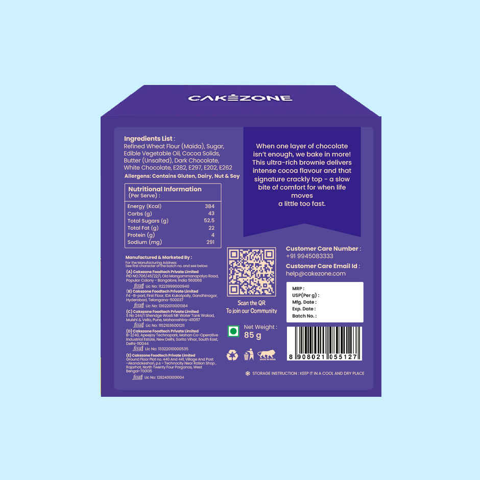 Cakezone Double Chocolate Brownie (85g) & Cakezone Banana Walnut Cake (180g) Combo