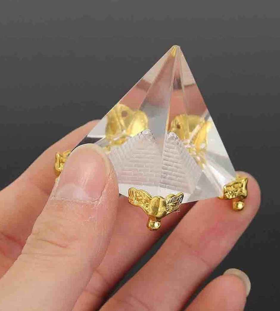 TIED RIBBONS Pyramid Prism FengShui Vastu Showpiece | Transparent & Gold - 2.5 in x 3 in