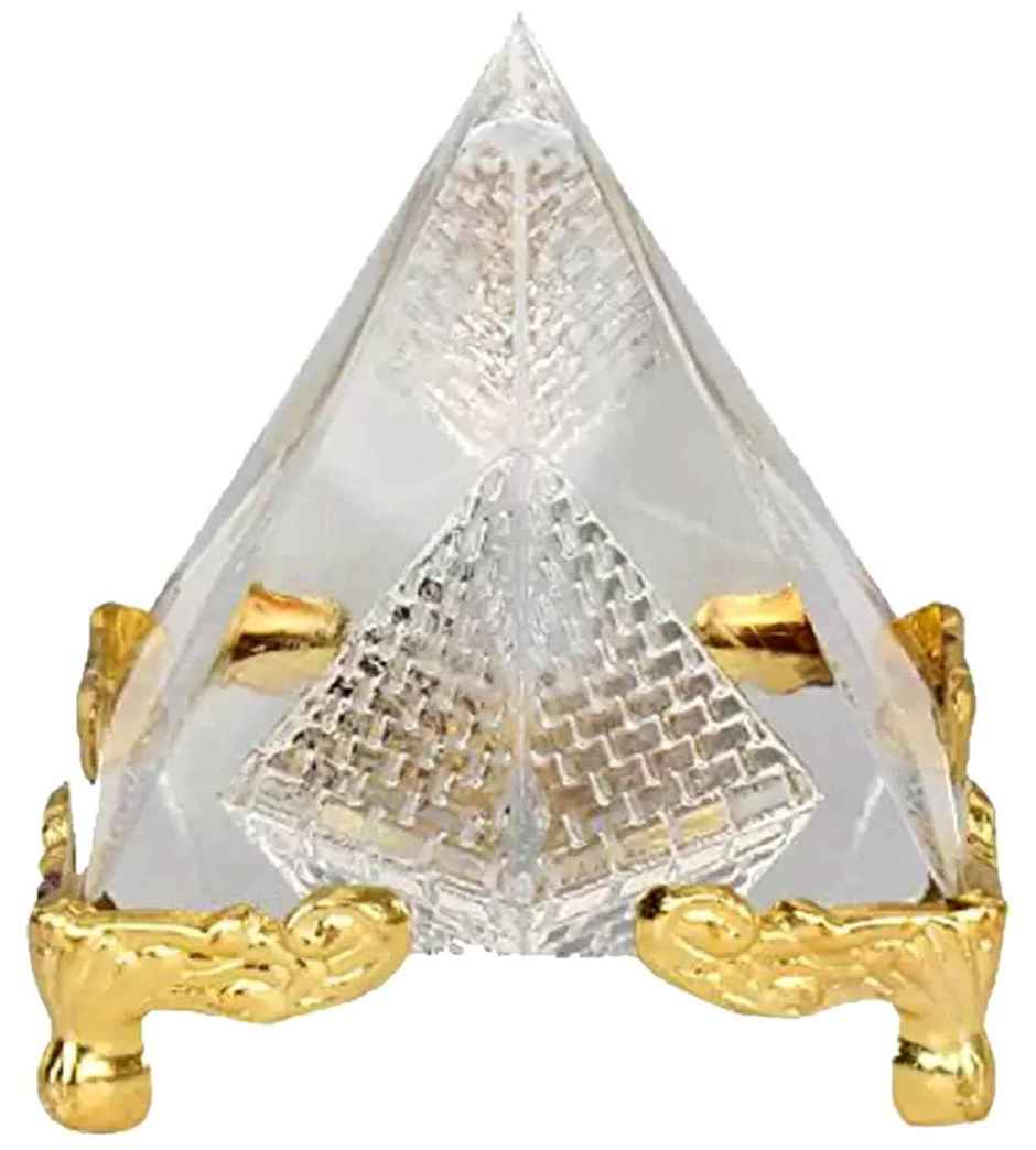 TIED RIBBONS Pyramid Prism FengShui Vastu Showpiece | Transparent & Gold - 2.5 in x 3 in