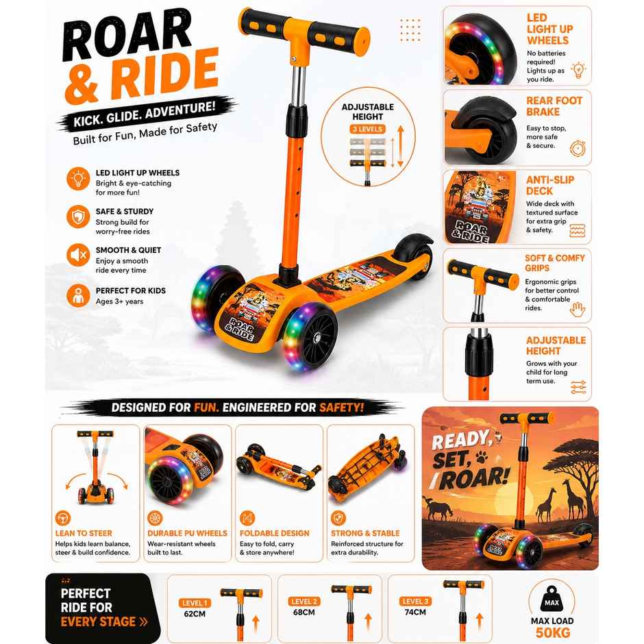 Fablue Foldable 3 Wheel LED Portable Scooter for Kids | Orange | Upto 40 Kgs - 1 pc