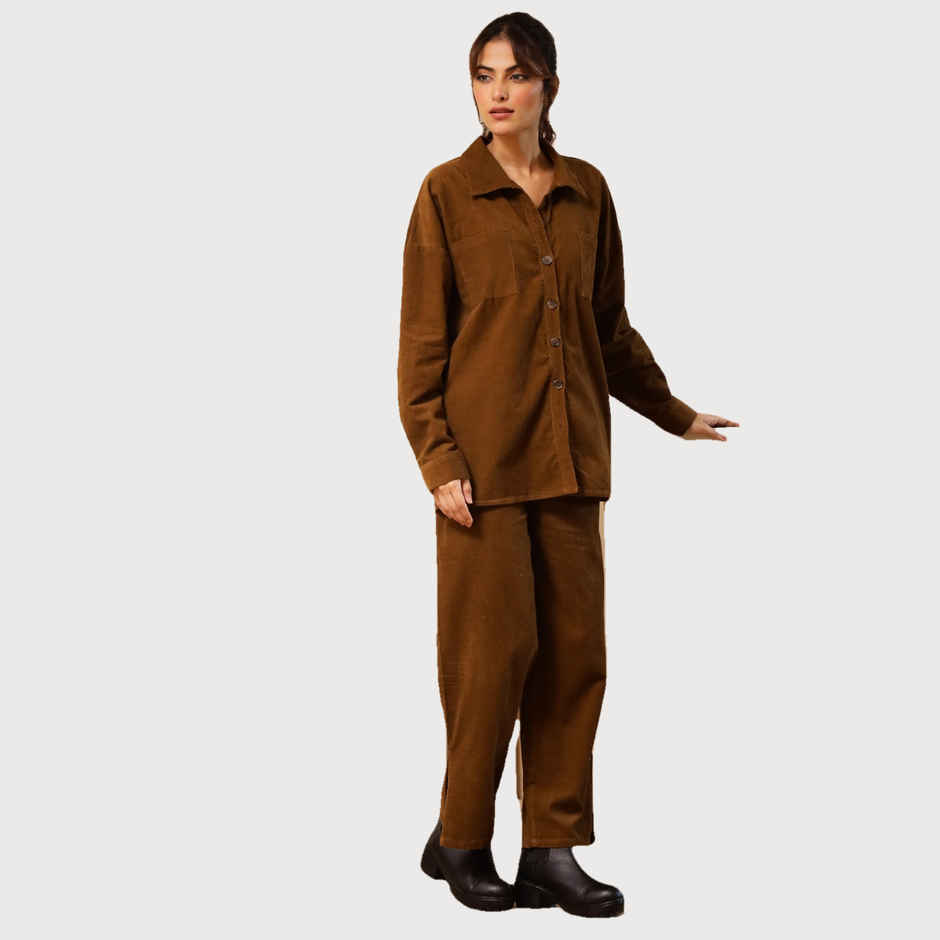 Sanskrutihomes Women Shirt Collar Pure Cotton Brown Night Suit SE-NSP-684 | S