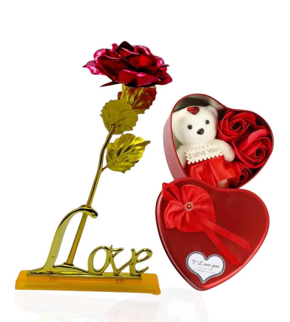 Red Rose Heart Box with Teddy and Love Stand Combo | Perpetual Mart