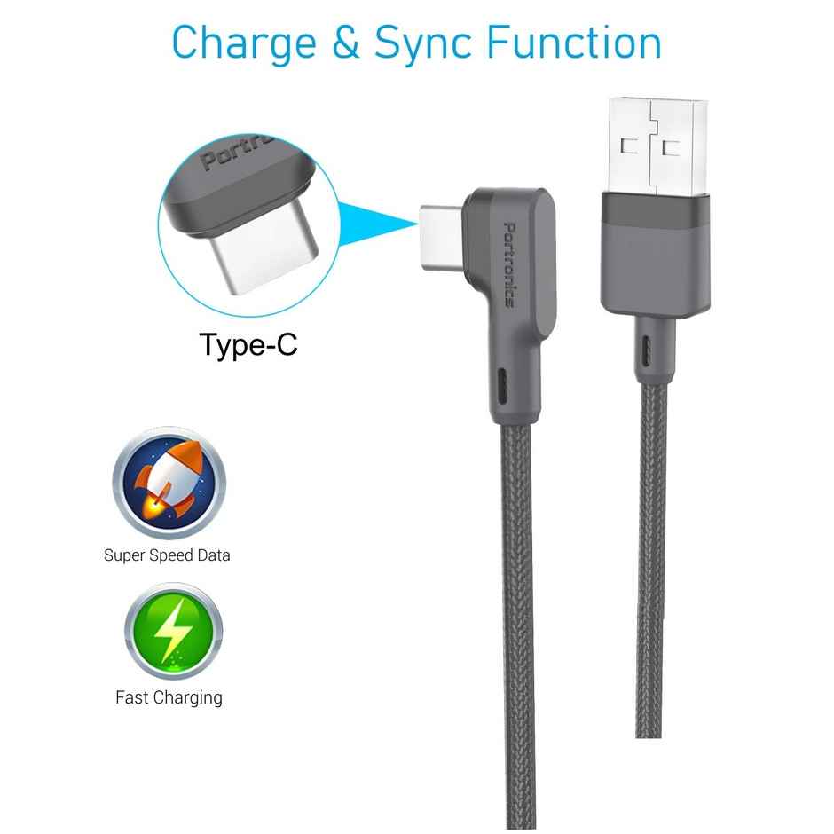 Portronics Konnect L POR 1081 Fast Charging 3A | Type-C Cable | 1.2 m- Grey