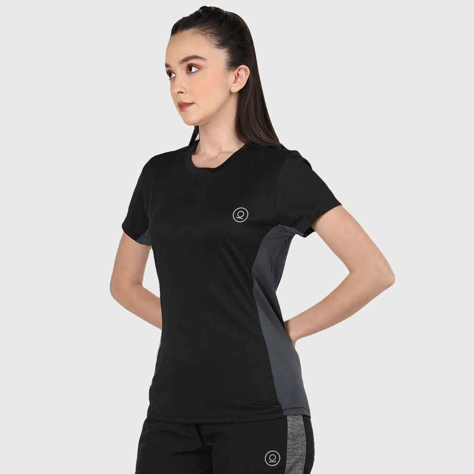 Chkokko Women's Round Neck Dry Fit Gym Sports T-shirt | Black - L