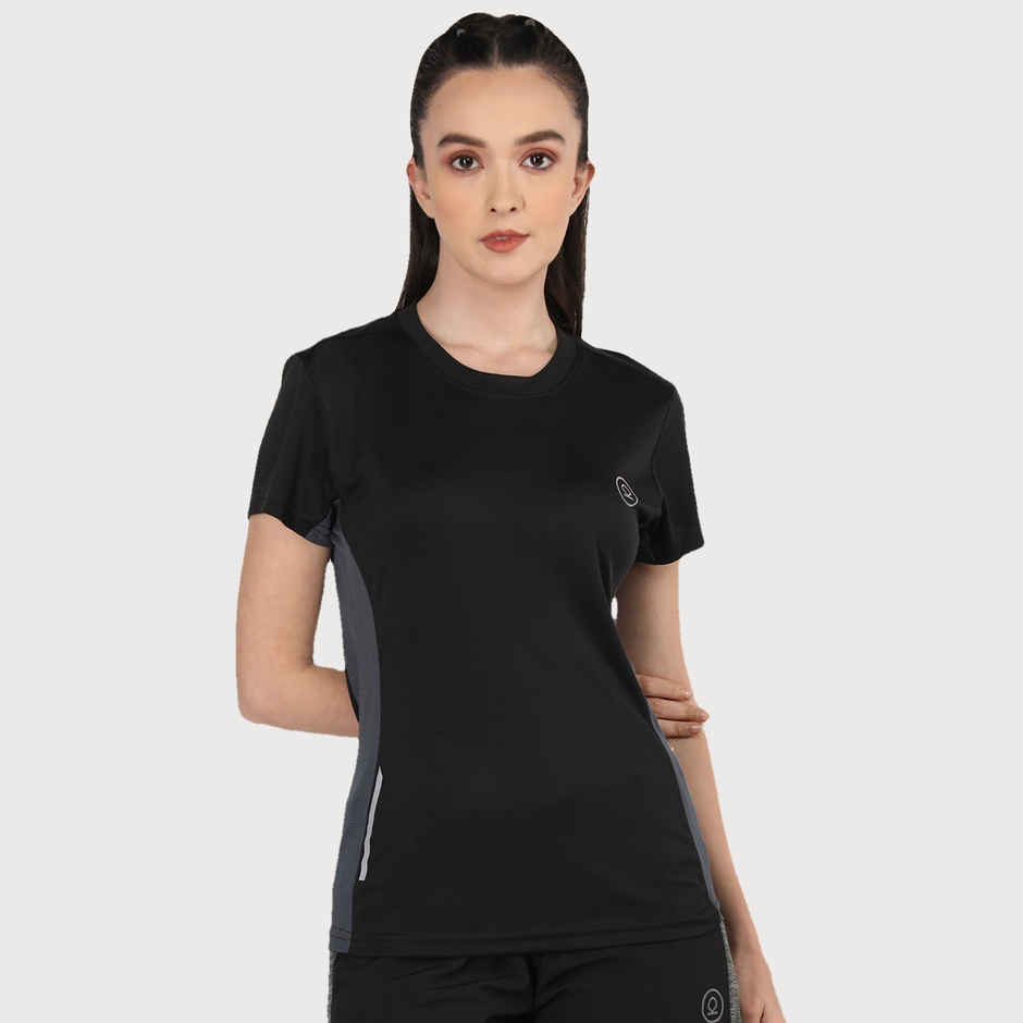 Chkokko Women's Round Neck Dry Fit Gym Sports T-shirt | Black - L