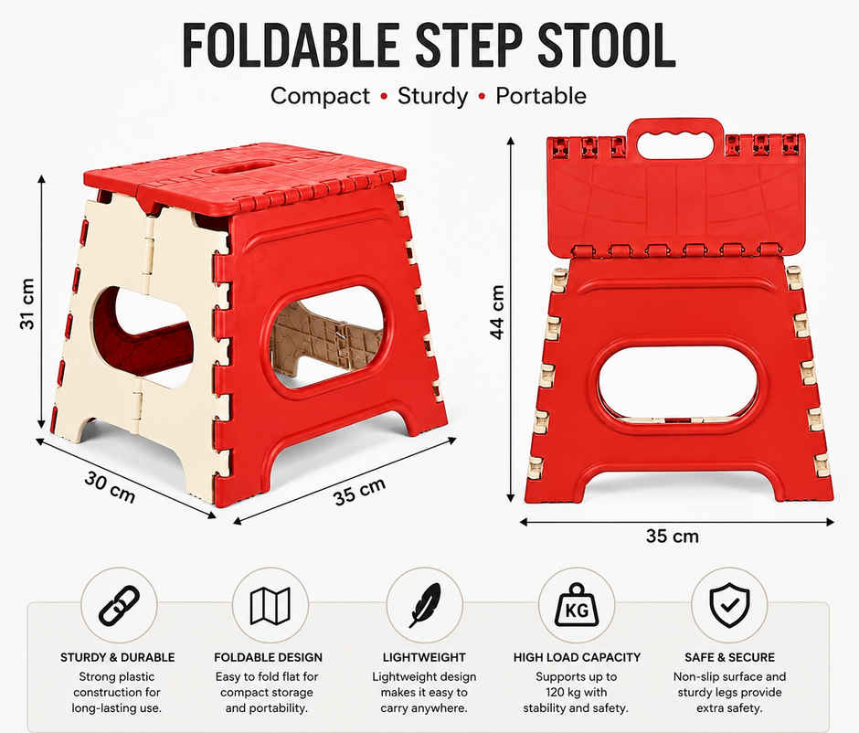 Zedak Foldable Stool with Carry Handle | Portable Multipurpose Folding Stool for Home | Red & Beige