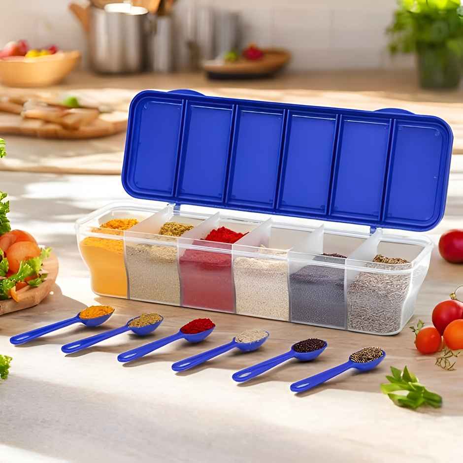YouBee Multipurpose Masala Box Airtight BPA Free Plastic 6 Section Storage Container | Blue - 1.8 L