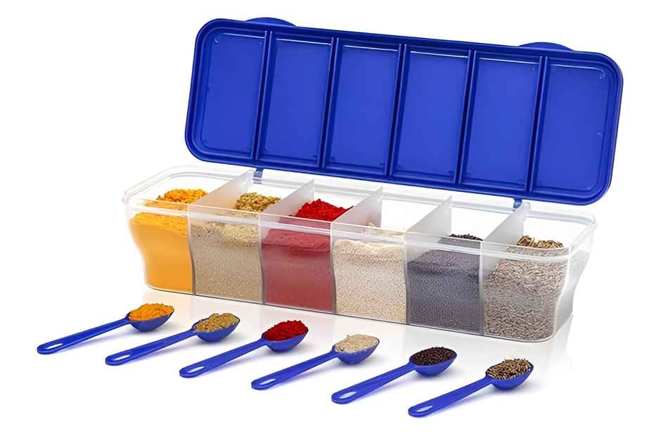 YouBee Multipurpose Masala Box Airtight BPA Free Plastic 6 Section Storage Container | Blue - 1.8 L