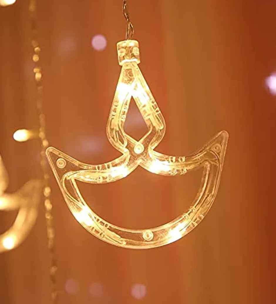Desidiya Diya Shaped Decorative Led Lights, Led String Copper Lights with 12 Hanging Diyas, Decoration, Prong Base, 2.5 Meters - Warm White
