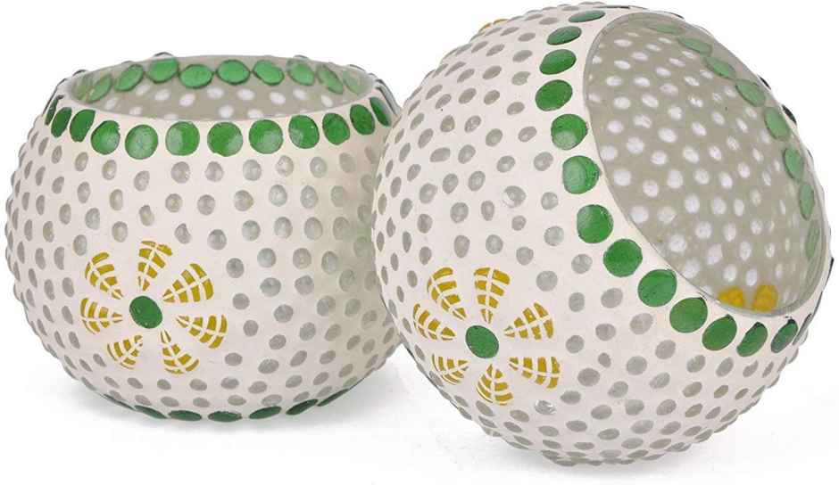 Turkish Mosaic Glass Votive Tealight Candle Holders | Glass | Multicolour | Pack of 2 | Tied Ribbons