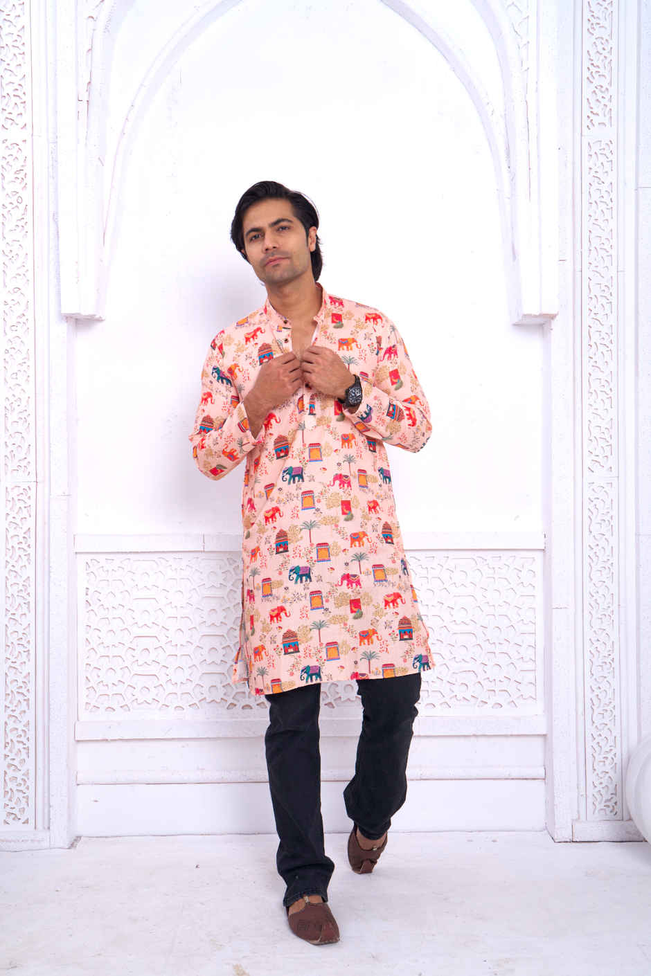 House Of Festivals Men's Printed Cotton Blend Ethnic Design Long Kurta | Multicolor - L