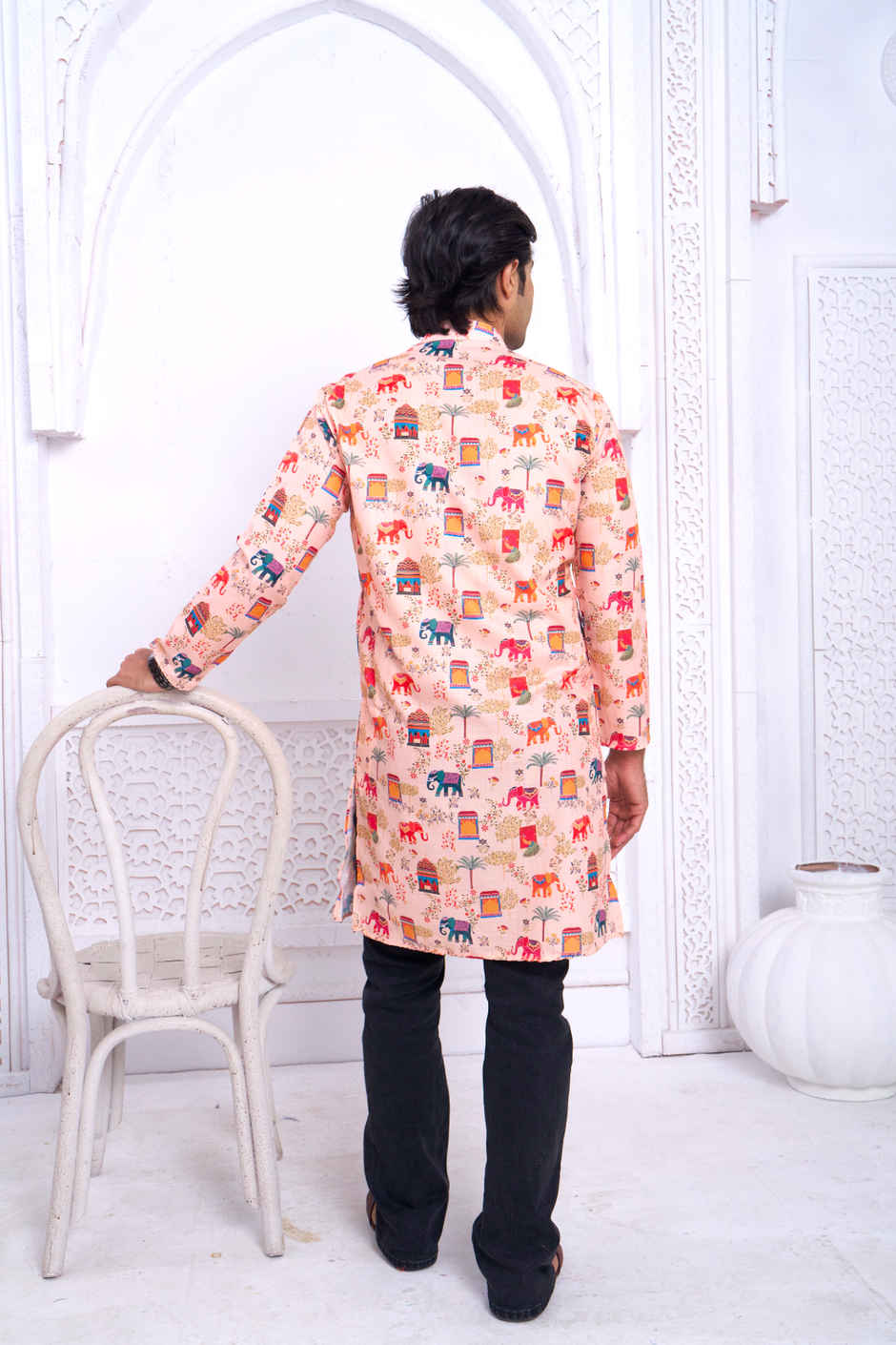 House Of Festivals Men's Printed Cotton Blend Ethnic Design Long Kurta | Multicolor - L